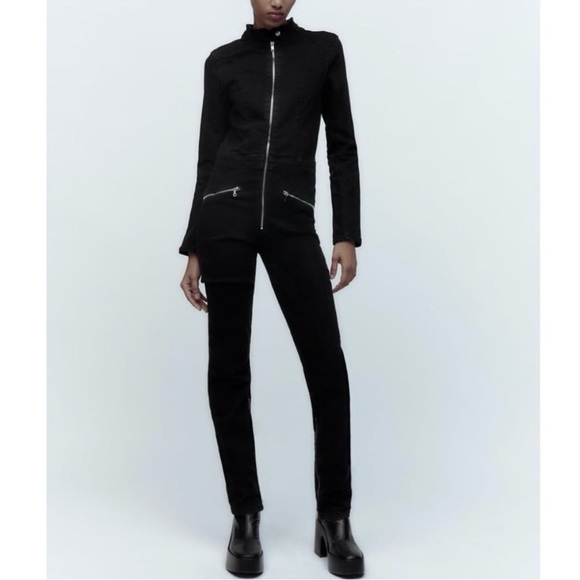 ZARA long sleeve black zip up denim jumpsuit Sz. S NWOT - Picture 1 of 14